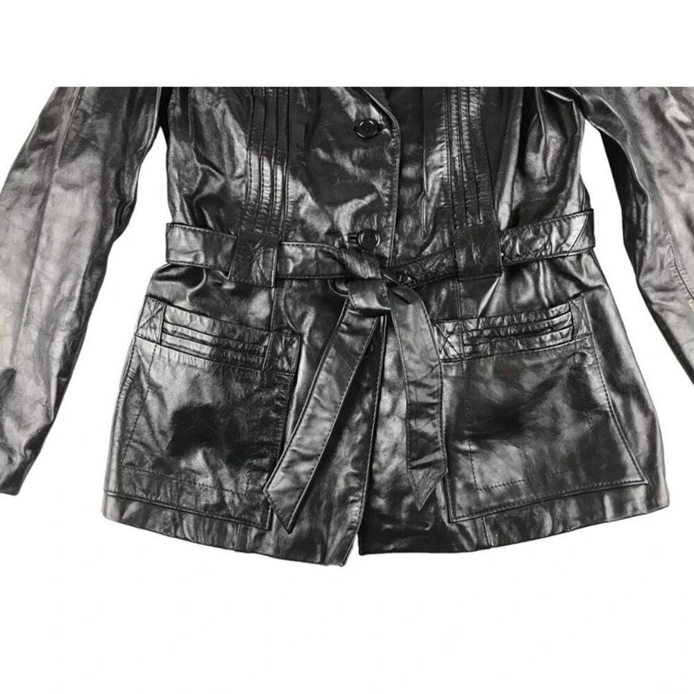Berman's Womens Black Leather Pockets Long Sleeve Belted Jacket Size 16 - Picture 2 of 9